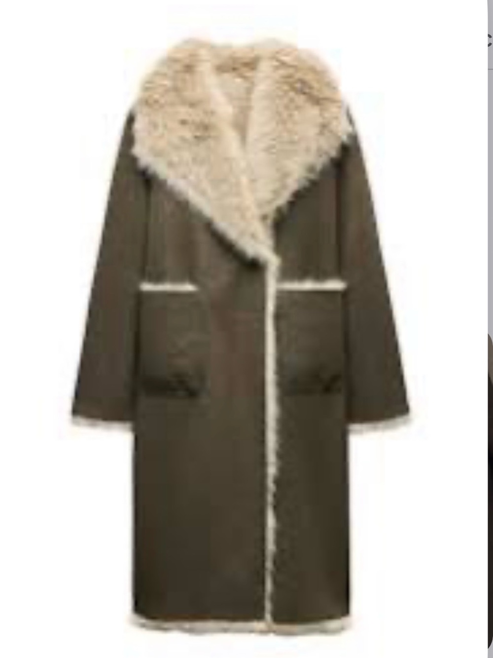 Zara Olive Long Teddy Coat with Cream Shearling Trim reversible